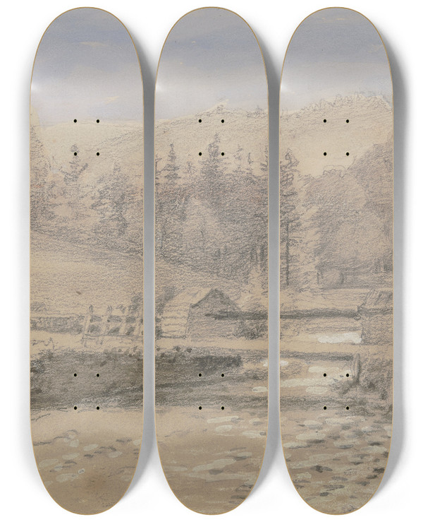 Triptych art skateboard deck of Friedrich Eugen Peipers Das Kirnitzschtal Bei Schandau by Friedrich Eugen Peipers (1805-1885)