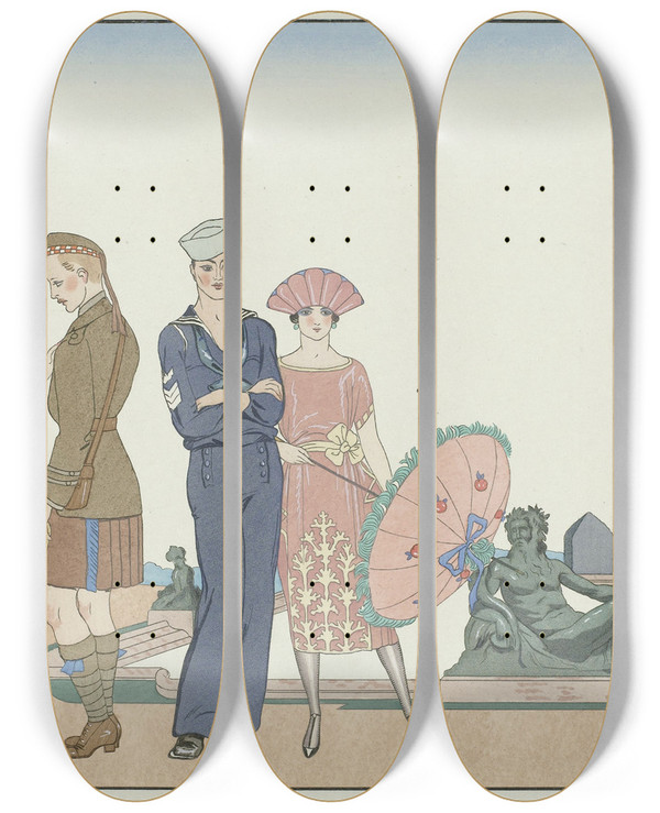 Triptych art skateboard deck of George Barbier Les Allis Versailles by George Barbier (1882-1932)
