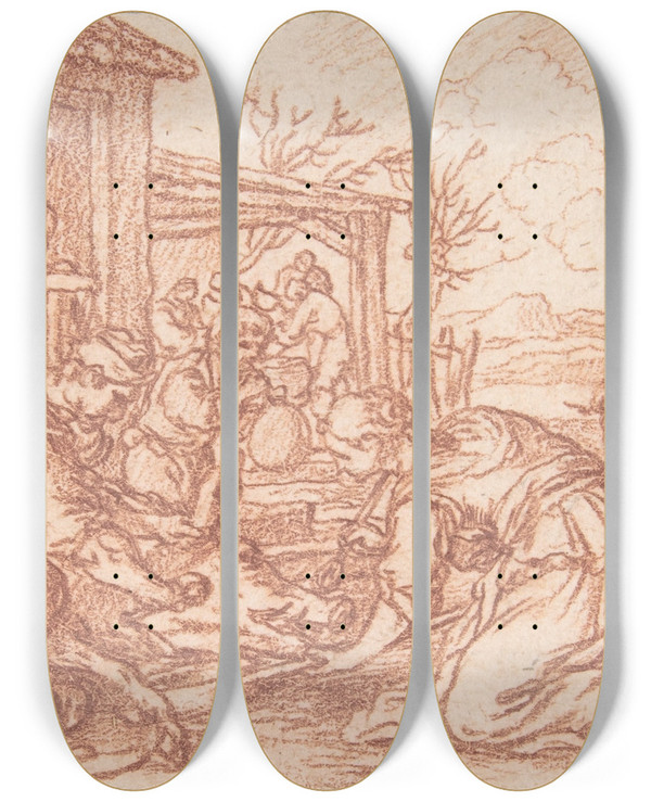 Triptych art skateboard deck of Jonas Umbach December One Of A Series Representing The Labors Of The Months by Jonas Umbach (1624-1700)