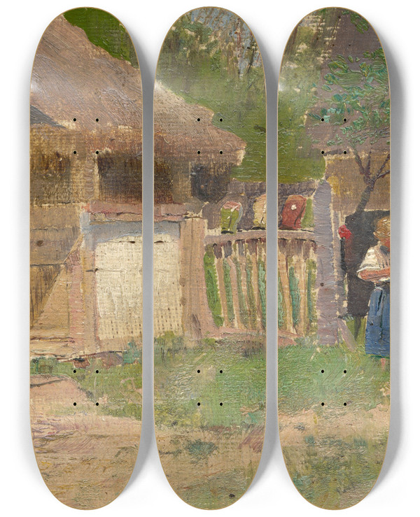 Triptych art skateboard deck of Ladislav Mednynszky Girl In A Farmyard by Ladislav Mednyanszky (1852-1919)