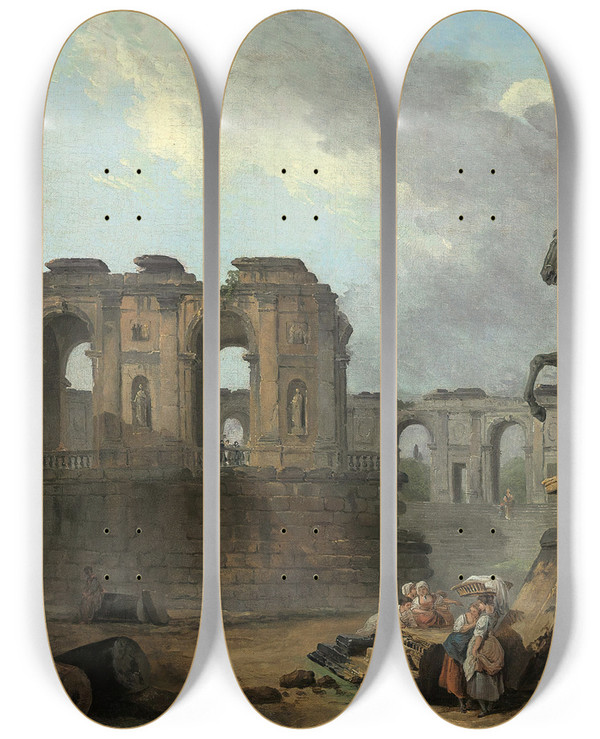 Triptych art skateboard deck of Hubert Robert A Roman Capriccio With Washerwomen By The Statue Of Marcus Aurelius by Hubert Robert (1733-1808)