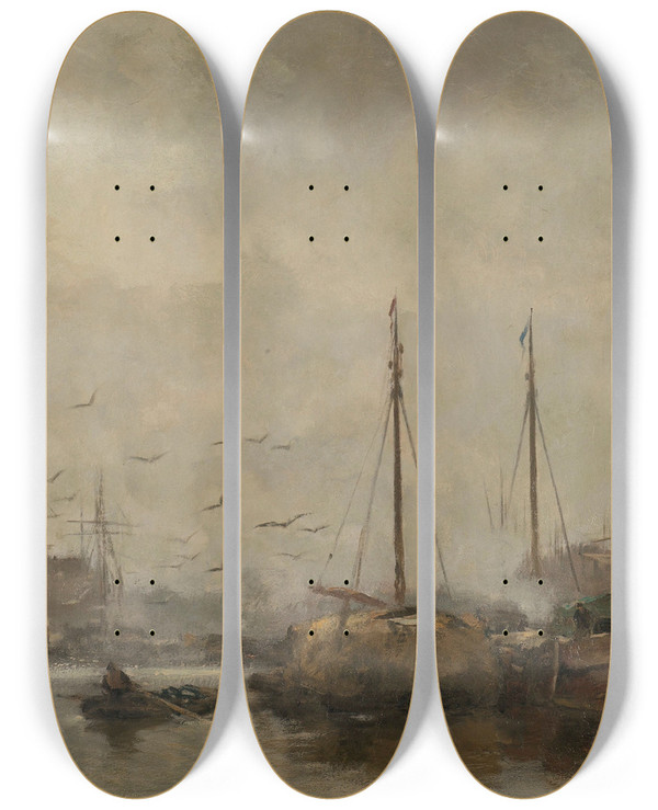 Triptych art skateboard deck of Jacob Maris Cityscape by Jacob Maris (1837-1899)