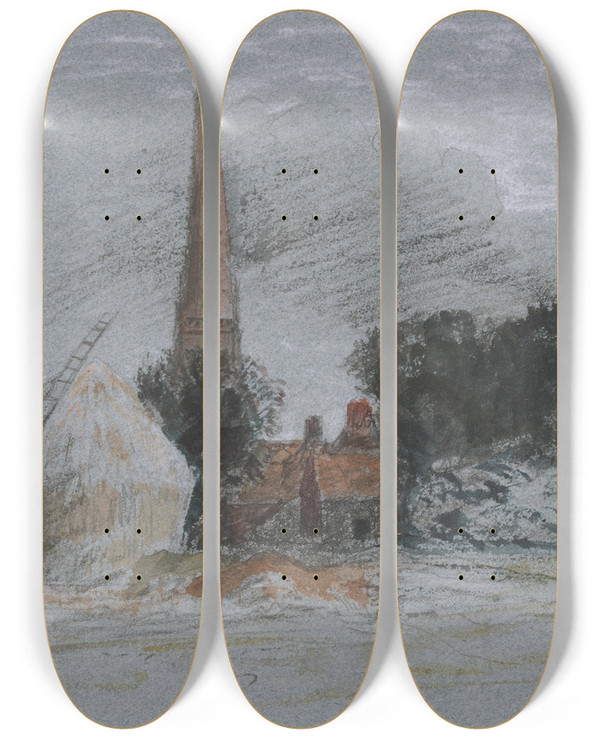 Triptych art skateboard deck of Peter Dewint Landscape Study A Haystack Near A Church by Peter Dewint (1784-1849)
