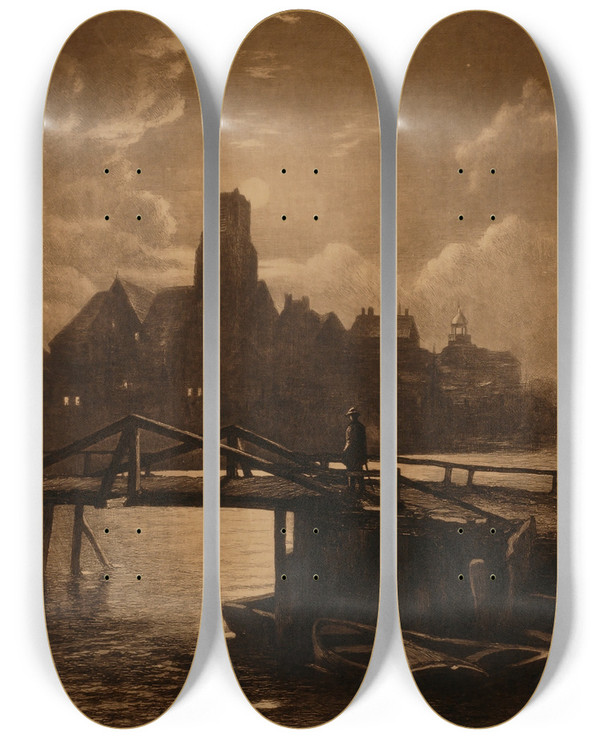 Triptych art skateboard deck of John Henry Hill The Bridgelongfellows Bridge by John Henry Hill (1839-1922)