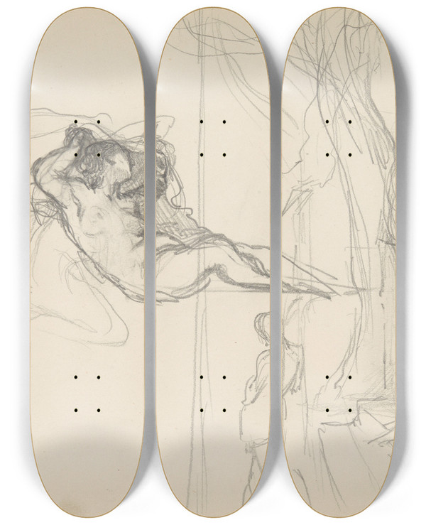 Triptych art skateboard deck of Henryk Siemiradzki Szkic Postaci Do Plafonu Jutrzenka W Paacu J Neczajewamalcewa W Petersburgu Oraz Szkic Do Obrazu Podpatrzona Schadzka by Henryk Siemiradzki (1843-1902)