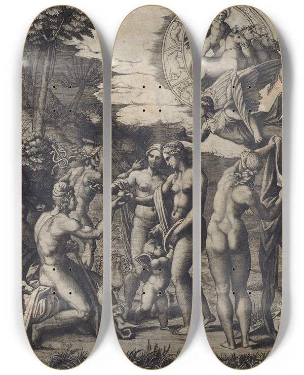 Triptych art skateboard deck of Marcantonio Raimondi The Judgment Of Paris by Marcantonio Raimondi (1470-1527)
