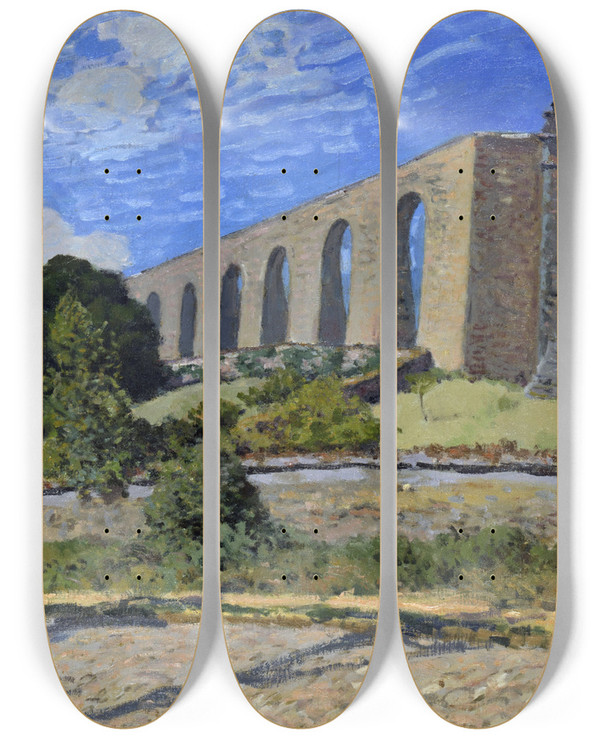 Triptych art skateboard deck of Alfred Sisley Aqueduct At Marly by Alfred Sisley (1840-1899)