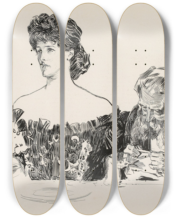 Triptych art skateboard deck of Charles Dana Gibson At Dinner_1 by Charles Dana Gibson (1867-1944)