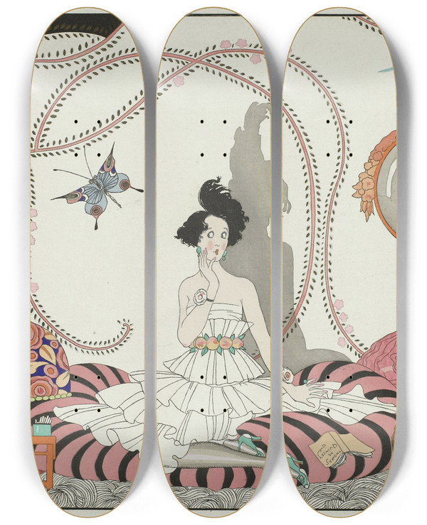 Triptych art skateboard deck of George Barbier Minuit Ou Lappartement La Mode by George Barbier (1882-1932)