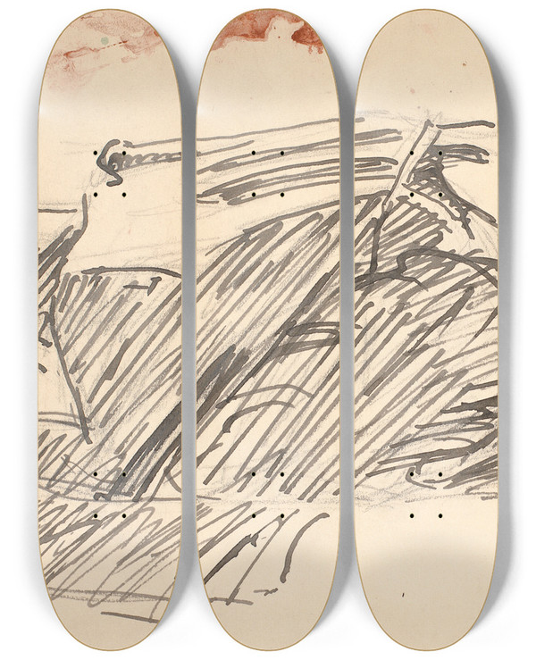 Triptych art skateboard deck of Niels Larsen Stevns Den Helbredte Knlende Mod Jorden by Niels Larsen Stevns (1864-1941)