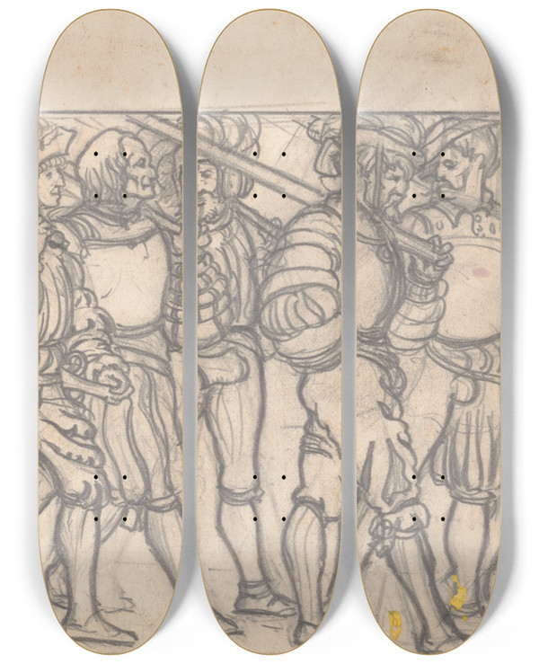 Triptych art skateboard deck of Winold Reiss Graphic Designs For Scribners Magazine Cover Medieval Festival Theme Drawing Of Men With Medieval Clothing And Items Walking To The Right by Winold Reiss (1886-1953)