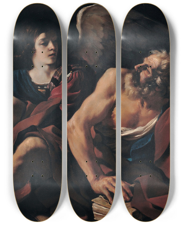 Triptych art skateboard deck of Guercino Saint Matthew And The Angel by Guercino (1591-1666)
