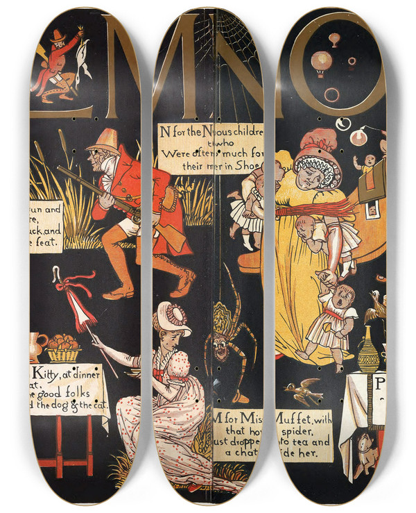 Triptych art skateboard deck of Walter Crane The Absurd Abc Pl 4 by Walter Crane (1845-1915)