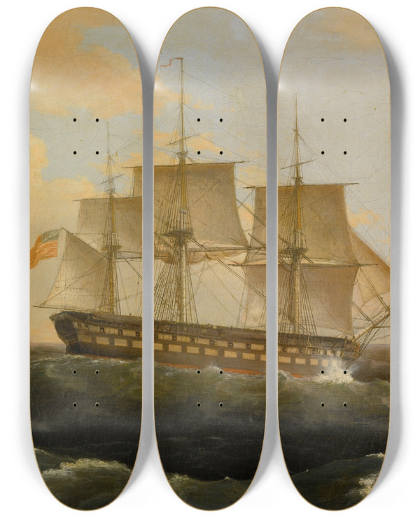 Triptych art skateboard deck of Thomas Birch Us Frigate President by Thomas Birch (1779-1851)