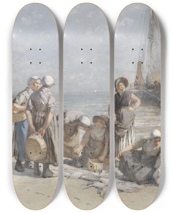 Triptych art skateboard deck of Bernardus Johannes Blommers Fishwives On The Beach At Scheveningen by Bernardus Johannes Blommers (1845-1915)