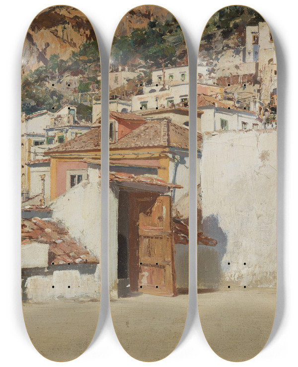 Triptych art skateboard deck of Pietro Scoppetta Paesaggio Di Amalfi by Pietro Scoppetta (1863-1920)