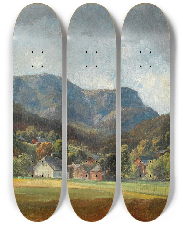Triptych art skateboard deck of Friedrich Zeller Blick Auf Den Sandling Von Altaussee Aus by Friedrich Zeller (1817-1896)