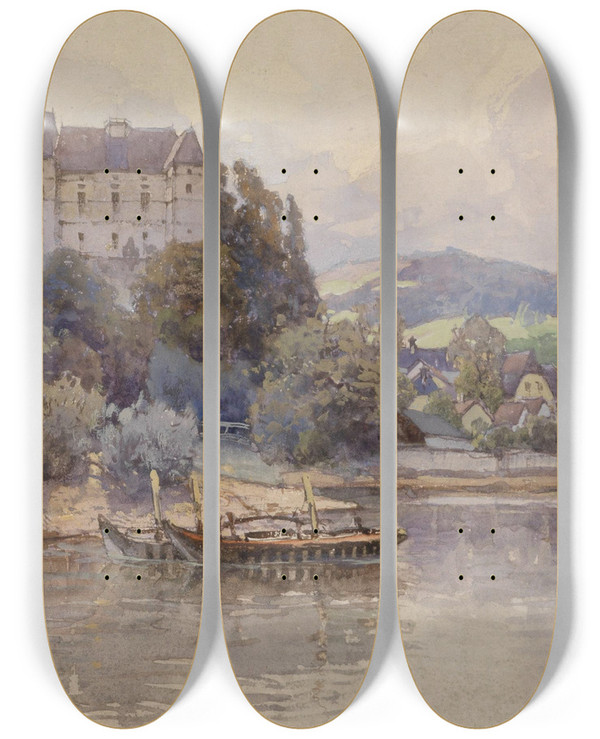 Triptych art skateboard deck of Fritz Lach Blick Auf Grein An Der Donau by Fritz Lach (1868-1933)