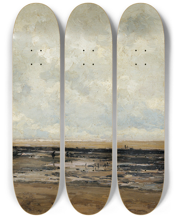Triptych art skateboard deck of Carlos De Haes Villerville Beach Normandy by Carlos de Haes (1826-1898)