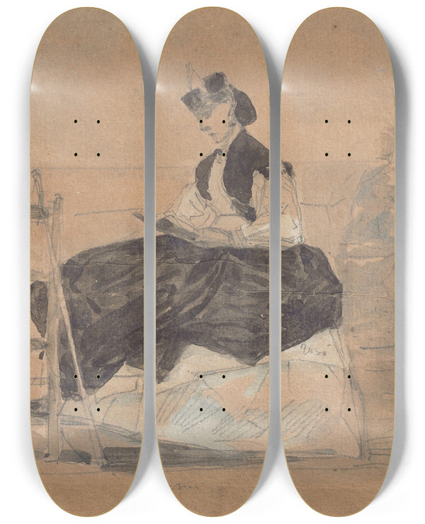 Triptych art skateboard deck of Eugne Boudin Woman In A Crinoline On The Beach Of Trouville by Eugene Boudin (1824-1898)