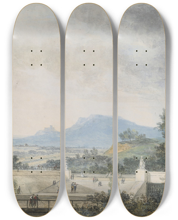 Triptych art skateboard deck of Louis Gabriel Moreau Panoramic View Across A Terraced Park by Louis Gabriel Moreau (1740-1806)