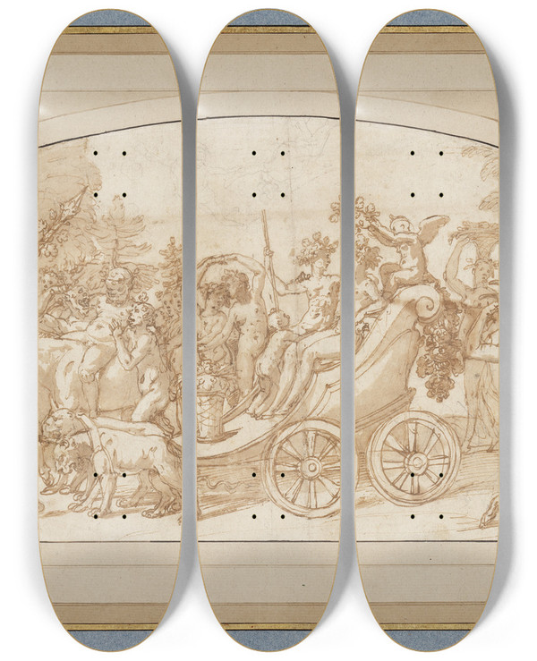Triptych art skateboard deck of Taddeo Zuccari Triumph Des Bacchus Und Der Ariadne by Taddeo Zuccari