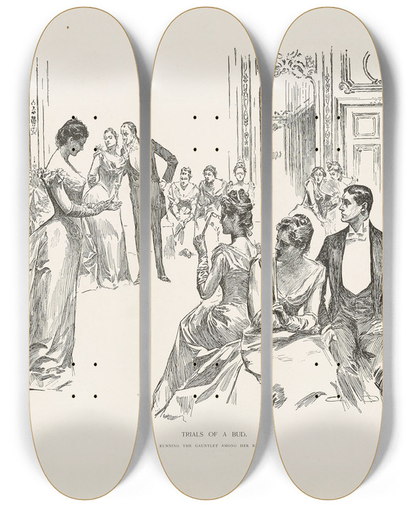 Triptych art skateboard deck of Charles Dana Gibson Trials Of Bud by Charles Dana Gibson (1867-1944)