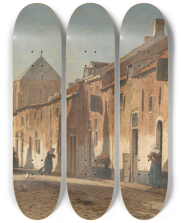 Triptych art skateboard deck of Jan Weissenbruch Dorpsstraat by Jan Weissenbruch (1822-1880)