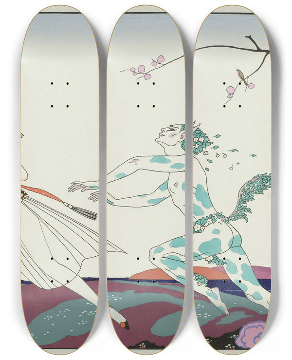 Triptych art skateboard deck of George Barbier Laprsmidi Dun Faune by George Barbier (1882-1932)