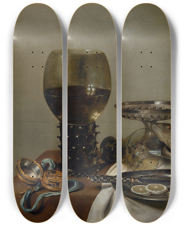 Triptych art skateboard deck of Willem Claesz Heda Still Life With A Roemer And Watch by Willem Claesz Heda (1594-1680)