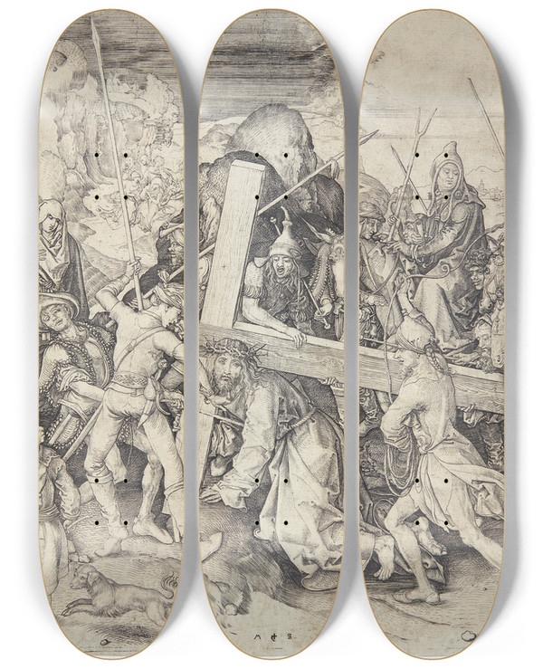 Triptych art skateboard deck of Martin Schongauer Den Store Korsvandring by Martin Schongauer (1435-1491)