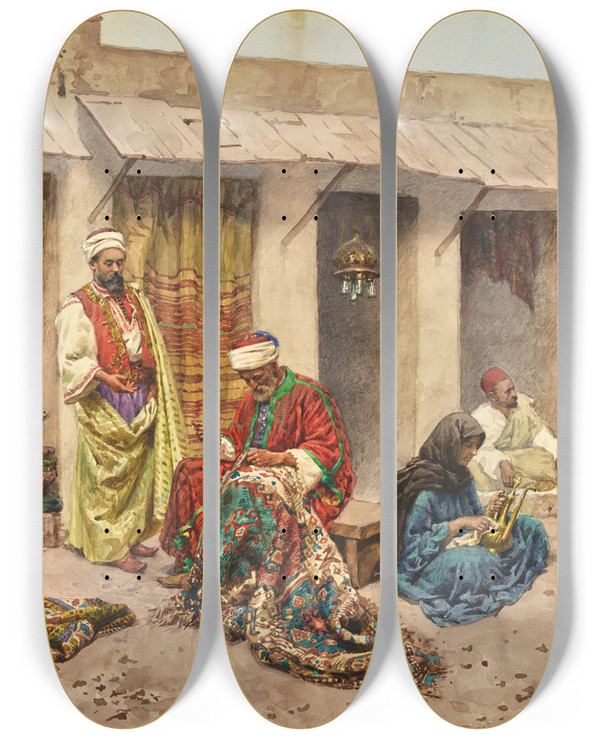 Triptych art skateboard deck of Giulio Rosati The Carpet Mender by Giulio Rosati (1858-1917)