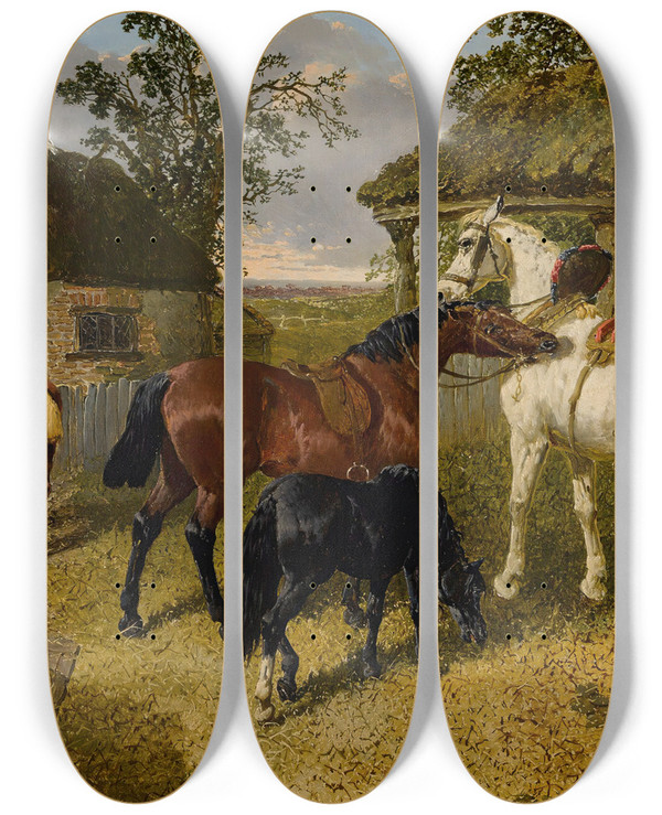 Triptych art skateboard deck of John Frederick Herring Jr The Stable Yard by John Frederick Herring Jr (1820-1907)