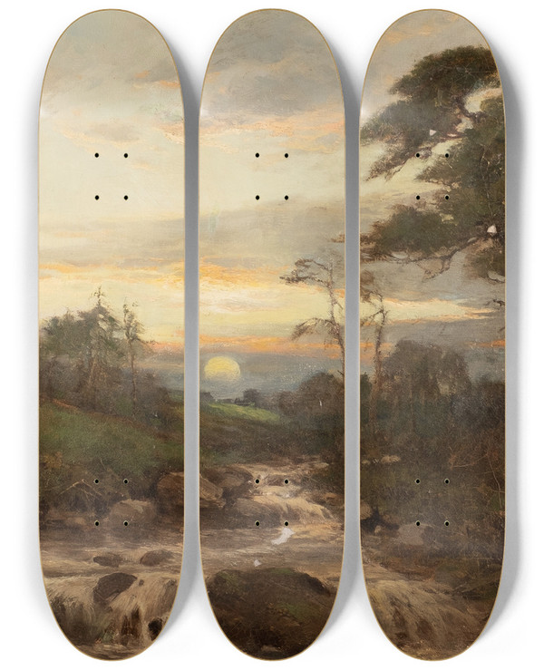 Triptych art skateboard deck of Benjamin Williams Leader Stream By The Pine Forest At Sunset by Benjamin Williams Leader (1831-1923)