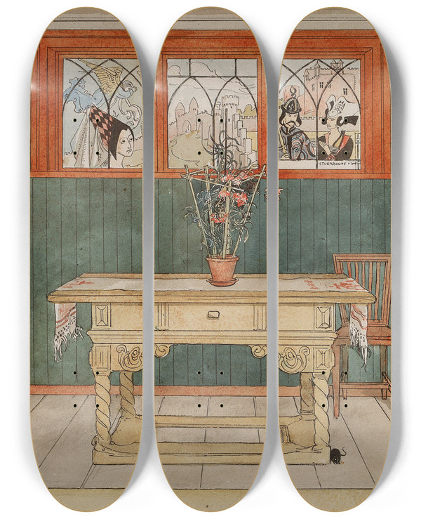 Triptych art skateboard deck of Carl Larsson The Dining Room by Carl Larsson (1853-1919)