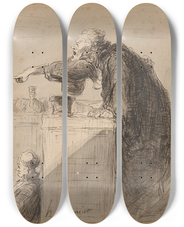 Triptych art skateboard deck of Honor Daumier The Accusation by Honore Daumier (1808-1879)