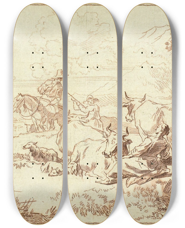 Triptych art skateboard deck of Abraham Jansz Begeyn Cattle And Sheep With Shepherds And Shepherdess by Abraham Jansz Begeyn (1637-1697)