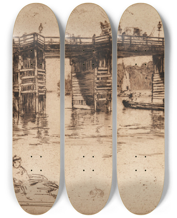 Triptych art skateboard deck of James Abbott Mcneill Whistler Old Putney Bridge by James Abbott Mcneill Whistler (1834-1903)