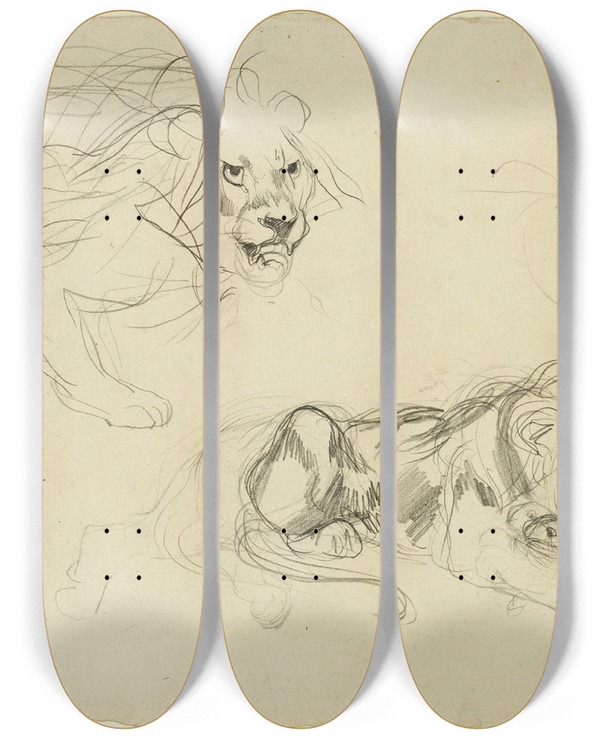 Triptych art skateboard deck of Eugne Delacroix Studies Of Lions by Eugene Delacroix (1798-1863)