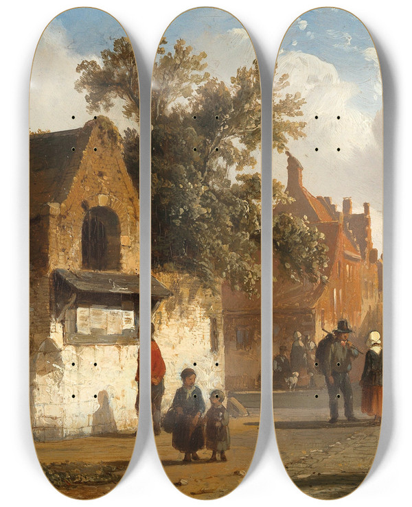 Triptych art skateboard deck of Cornelis Springer A Village Road by Cornelis Springer (1817-1891)