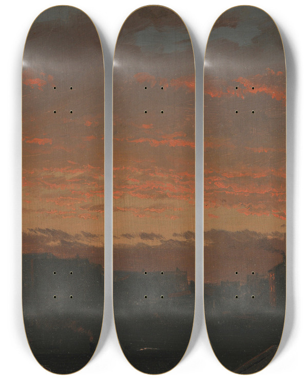 Triptych art skateboard deck of Frederic Edwin Church Sunset At Hudson New York by Frederic Edwin Church (1826-1900)