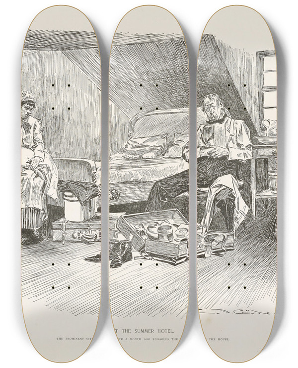 Triptych art skateboard deck of Charles Dana Gibson At The Summer Hotel_1 by Charles Dana Gibson (1867-1944)