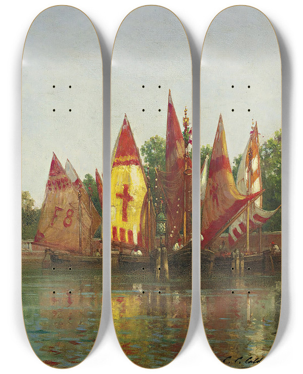 Triptych art skateboard deck of Charles Clement Calderon Sailboats In Venice by Charles Clement Calderon (1870-1906)