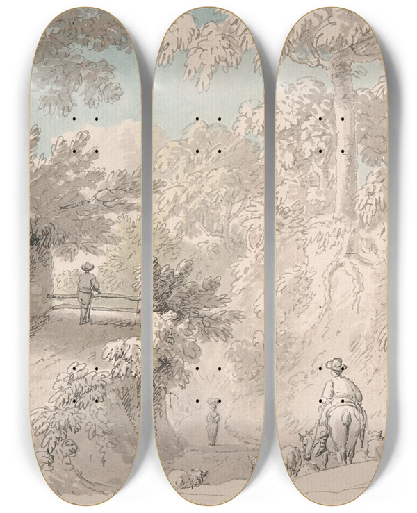 Triptych art skateboard deck of Anthony Devis Driving Sheep To Market by Anthony Devis (1729-1816)