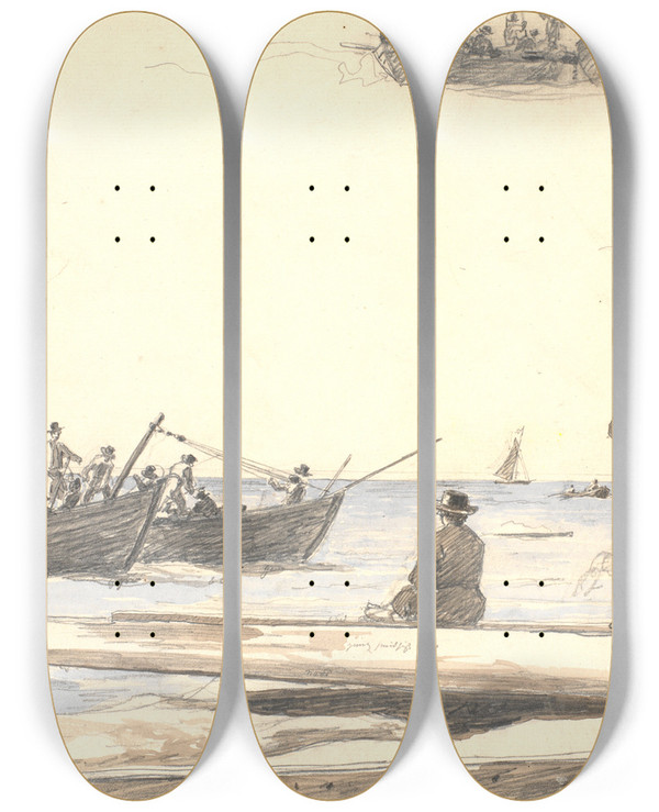 Triptych art skateboard deck of Martinus Rrbye To Fiskerbde Sejler Ind Mod Skagens Strand by Martinus Rorbye (1803-1848)