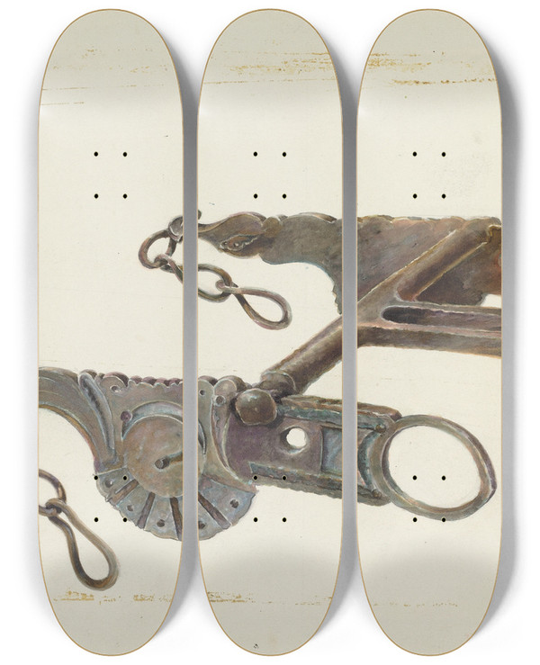 Triptych art skateboard deck of Gerald Transpota Wrought Iron Bit_1 by Gerald Transpota (1898-1971)