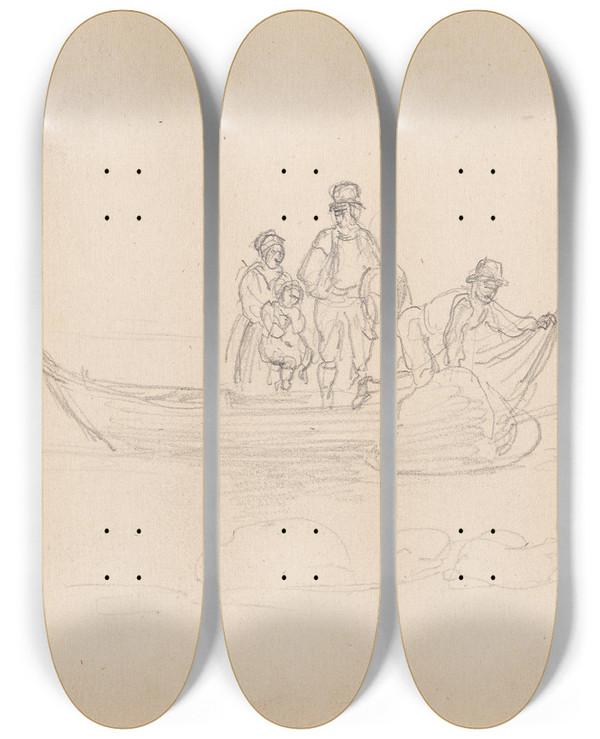 Triptych art skateboard deck of Adolph Tidemand Ryggvendt Mannsfigur Figurer I Bt by Adolph Tidemand (1814-1876)