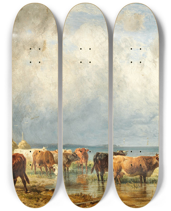 Triptych art skateboard deck of Friedrich Voltz A Herd Of Cattle Near A Lake by Friedrich Voltz (1817-1886)