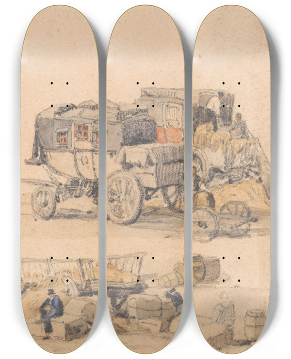 Triptych art skateboard deck of Samuel Prout Studies Of Peasants Diligences And Hay Wagons by Samuel Prout (1783-1852)