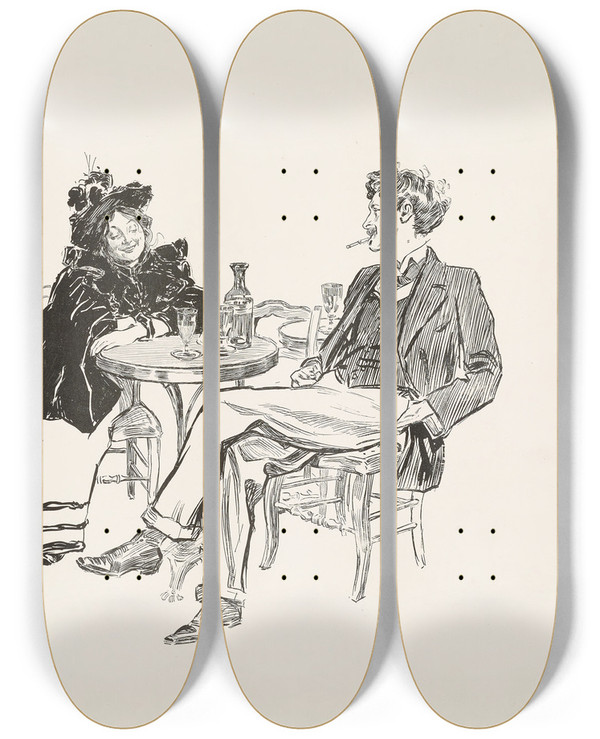Triptych art skateboard deck of Charles Dana Gibson In Paris A Cafe Artist by Charles Dana Gibson (1867-1944)
